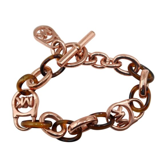 MICHAEL KORS MK Logo Rose Gold Faux Tortoiseshell Chunky Chain Padlock Bracelet - Picture 1 of 8